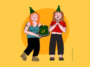 Feature cover of a doodle of the author at 26 (long curly red hair, blue flowy top, black jeans and boots) giving the 27 year old version of myself (short curly brown hair, red t-shirt, sandals, flowy dark pants) a birthday cake.