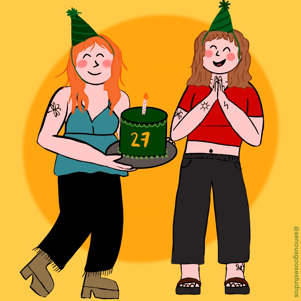 Digital cartoon of my 26 year old self giving a birthday cake to my 27 year old self.